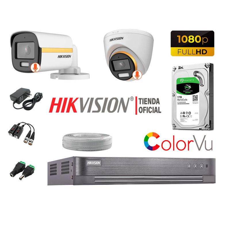 HIKVISION - KIT 2 CÁMARAS SEGURIDAD 1080p FULL HD COLORVU VISION COLOR 1TB