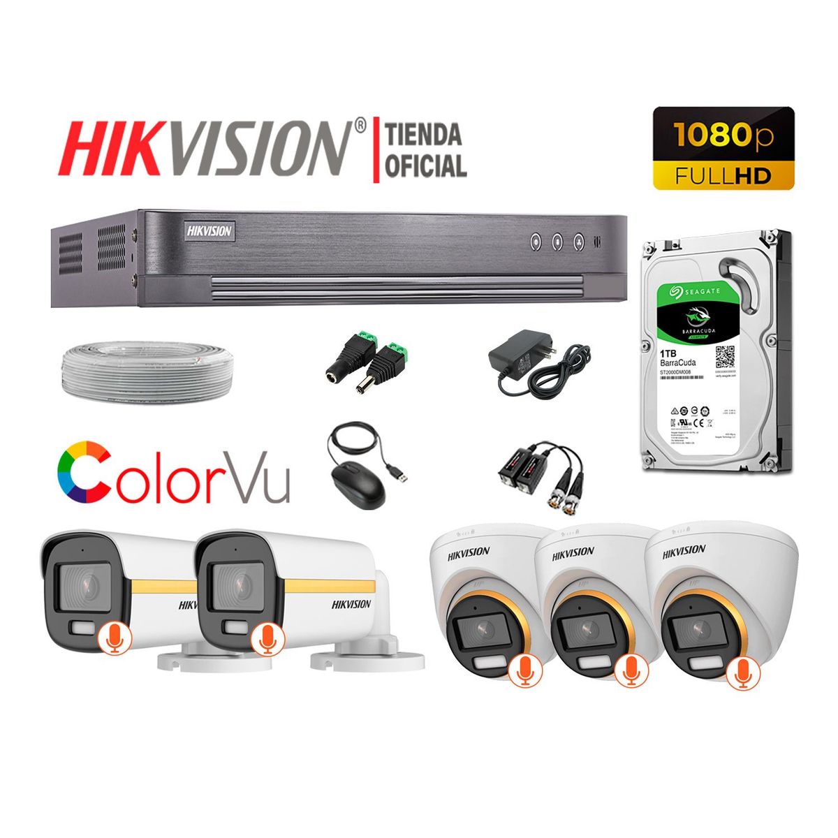HIKVISION - KIT 5 CÁMARAS SEGURIDAD 1080p COLORVU VISION COLOR 1TB