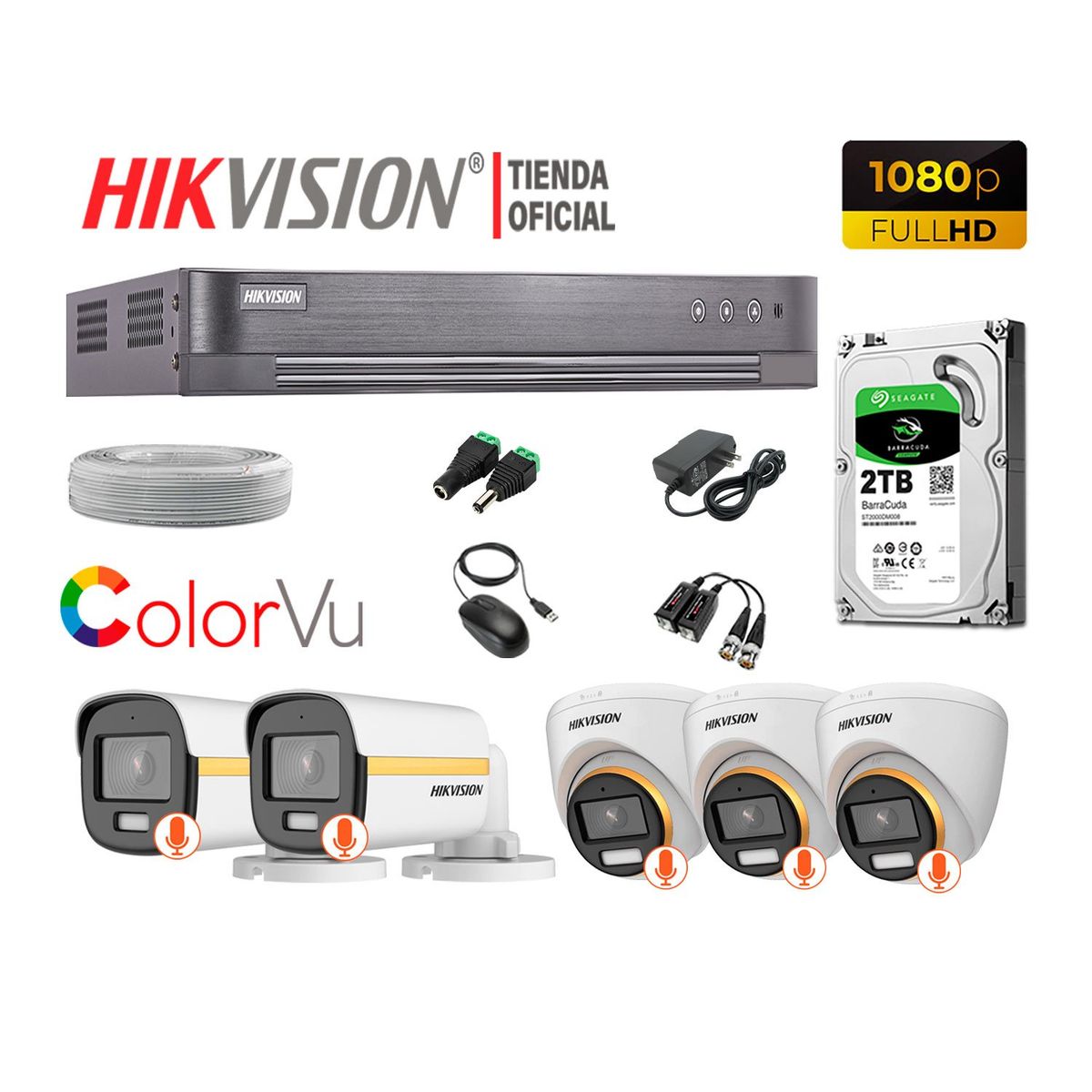 Hikvision - KIT 5 CÁMARAS SEGURIDAD FULL HD COLORVU VISION COLOR 2TB