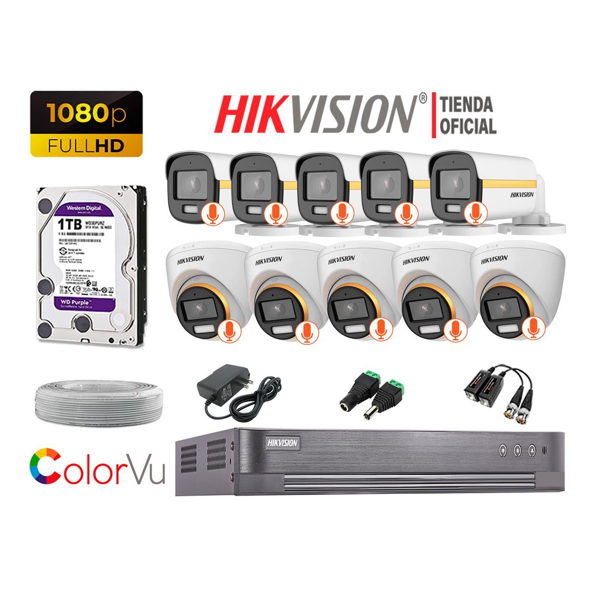 HIKVISION - KIT 10 CÁMARAS SEGURIDAD 1080p COLORVU VISION COLOR 1TB