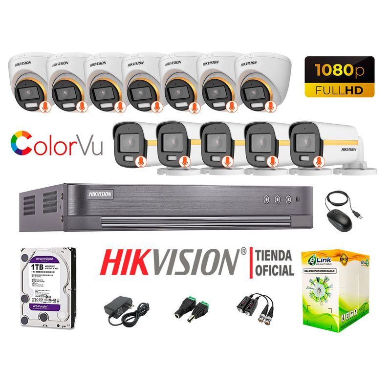 HIKVISION - KIT 12 CÁMARAS SEGURIDAD 1080p COLORVU VISION COLOR 1TB