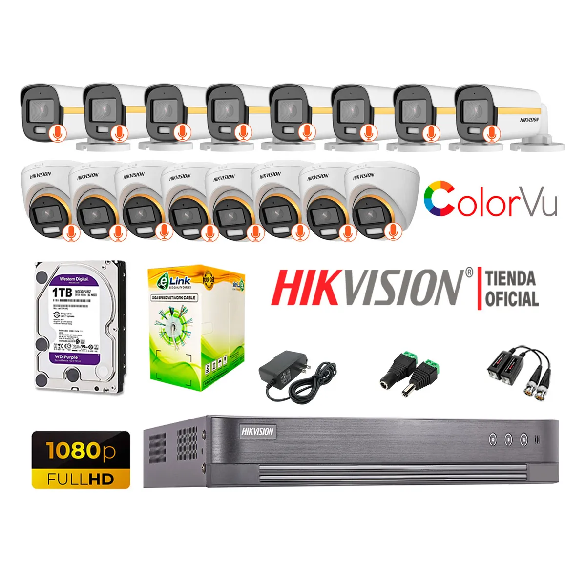 HIKVISION - KIT 16 CÁMARAS SEGURIDAD 1080p COLORVU VISION COLOR 1TB