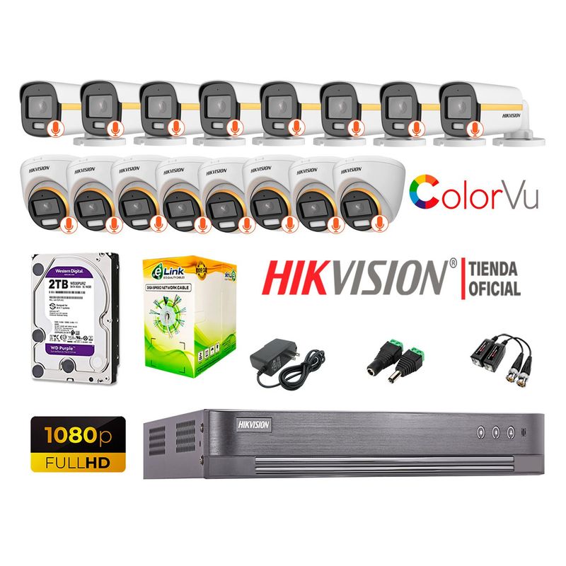 HIKVISION - KIT 16 CÁMARAS SEGURIDAD FULL HD COLORVU VISION COLOR 2TB