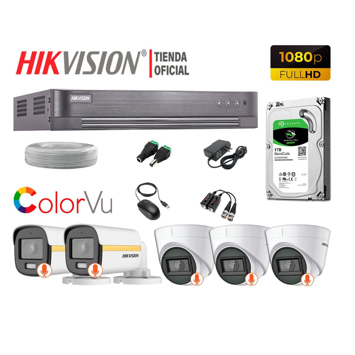HIKVISION - KIT 5 CÁMARAS SEGURIDAD FULL HD 1080p COLORVU VISION COLOR 1TB