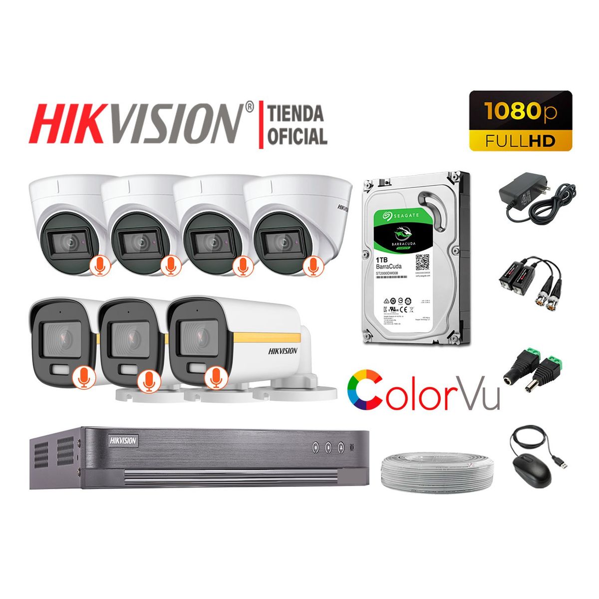 HIKVISION - KIT 7 CÁMARAS SEGURIDAD FULL HD 1080p COLORVU VISION COLOR 1TB