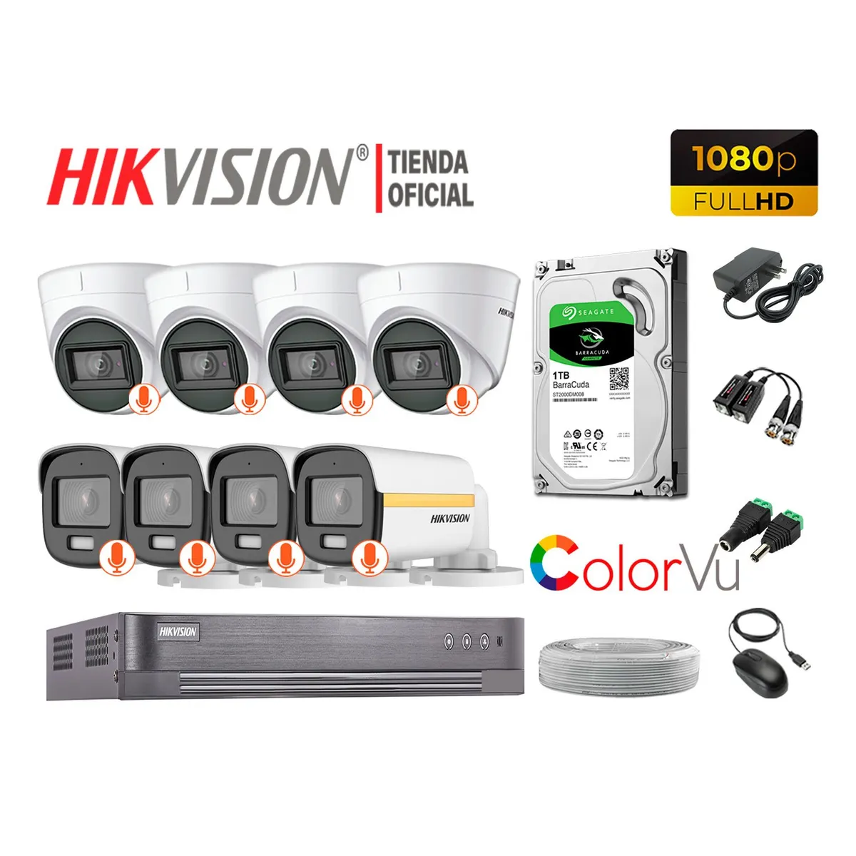 HIKVISION - KIT 8 CÁMARAS SEGURIDAD FULL HD 1080p COLORVU VISION COLOR 1TB
