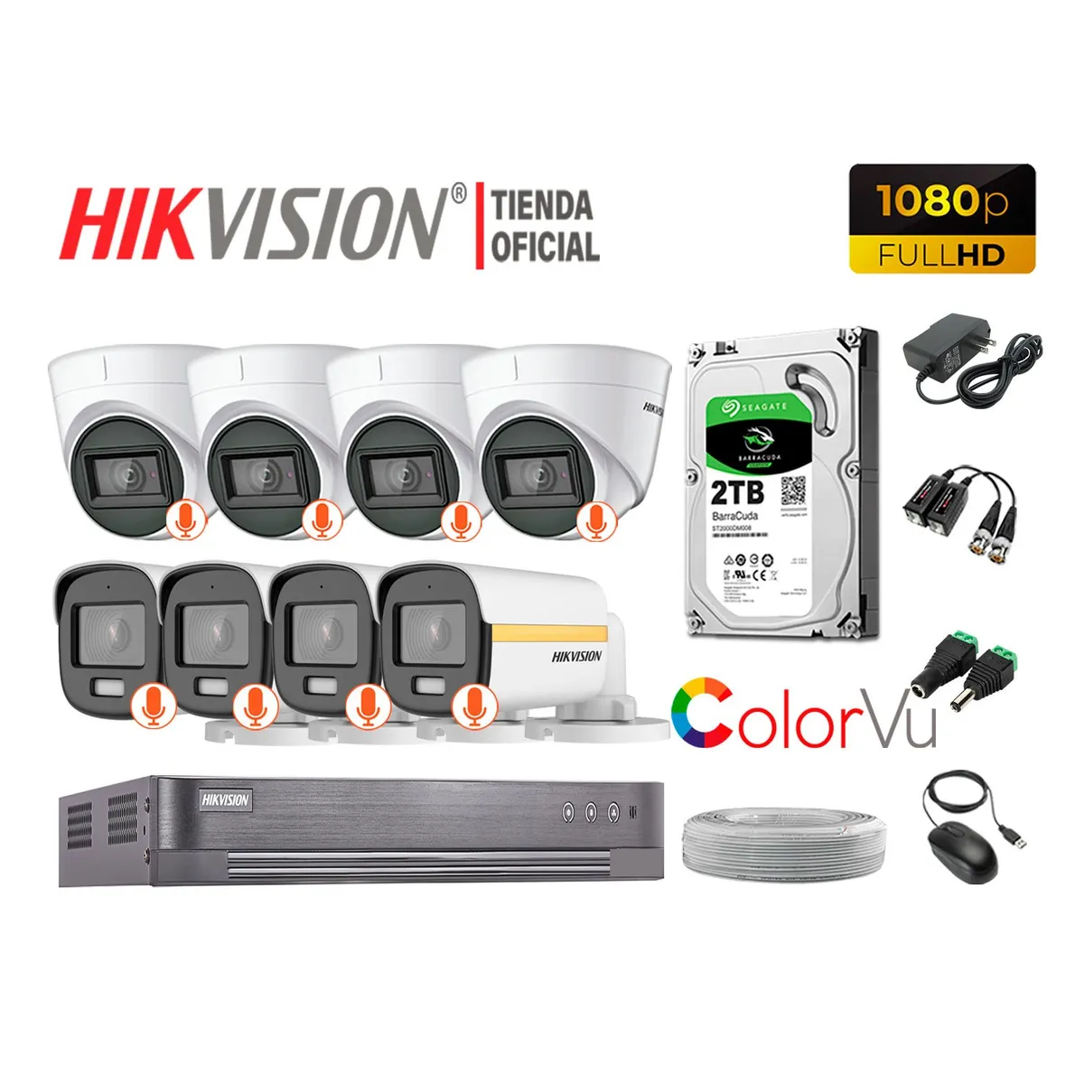 HIKVISION - KIT 8 CÁMARAS SEGURIDAD COLORVU VISION COLOR FULL HD 2TB