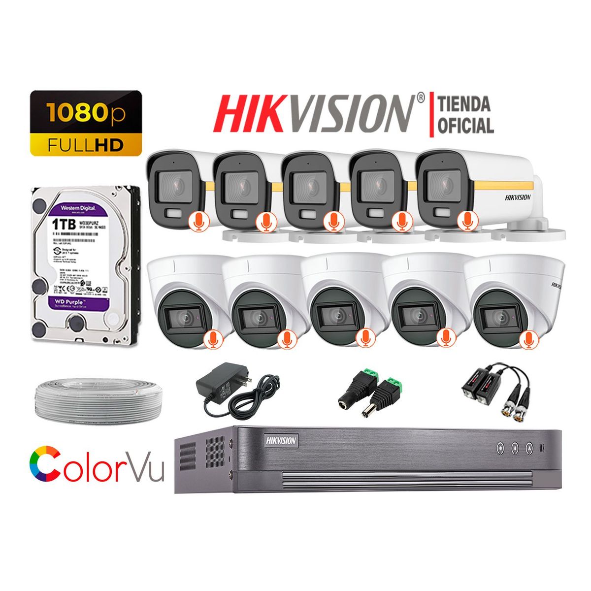 HIKVISION - KIT 10 CÁMARAS SEGURIDAD FULL HD 1080p COLORVU VISION COLOR 1TB