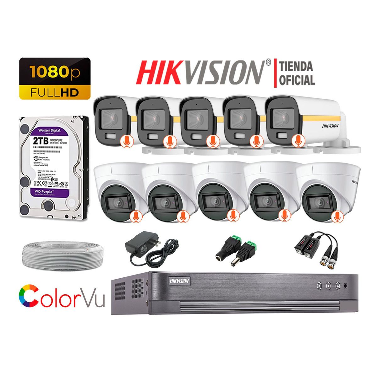 HIKVISION - KIT 10 CÁMARAS SEGURIDAD COLORVU VISION COLOR FULL HD 2TB