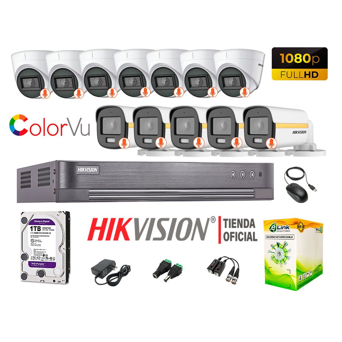 HIKVISION - KIT 12 CÁMARAS SEGURIDAD FULL HD 1080p COLORVU VISION COLOR 1TB