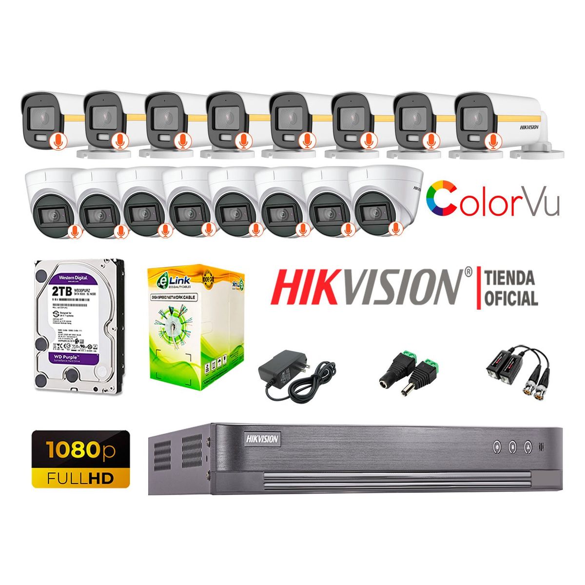 HIKVISION - KIT 16 CÁMARAS SEGURIDAD COLORVU VISION COLOR FULL HD 2TB