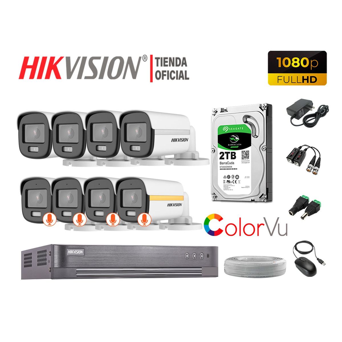 HIKVISION - CÁMARAS SEGURIDAD EXTERIOR KIT 8 1080P COLORVU NOCHE COLOR 2TB