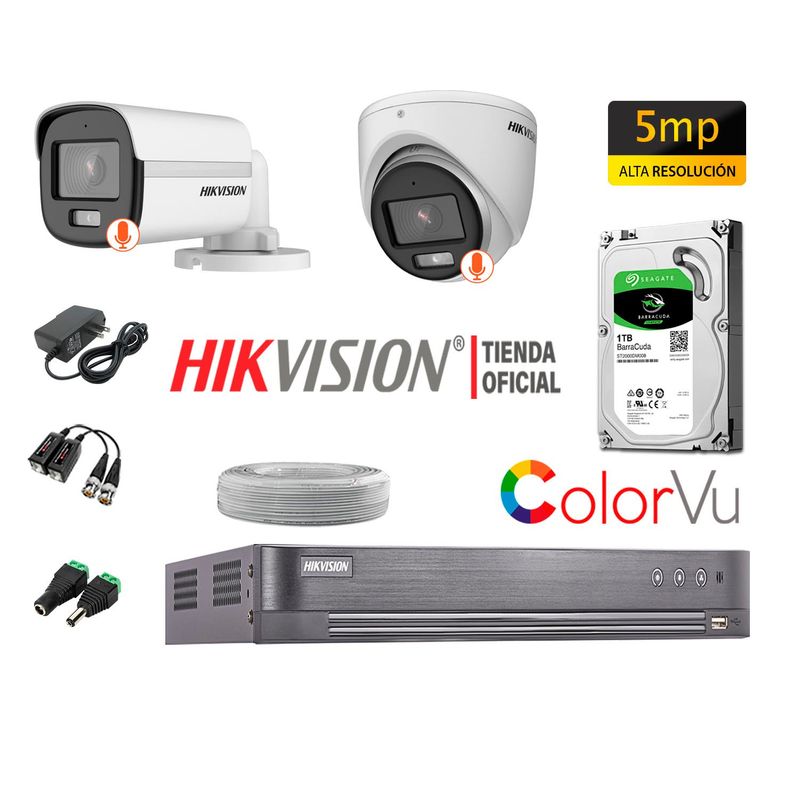 HIKVISION - KIT 2 CÁMARAS SEGURIDAD 5MP COLORVU NOCHE COLOR DISCO 1TB
