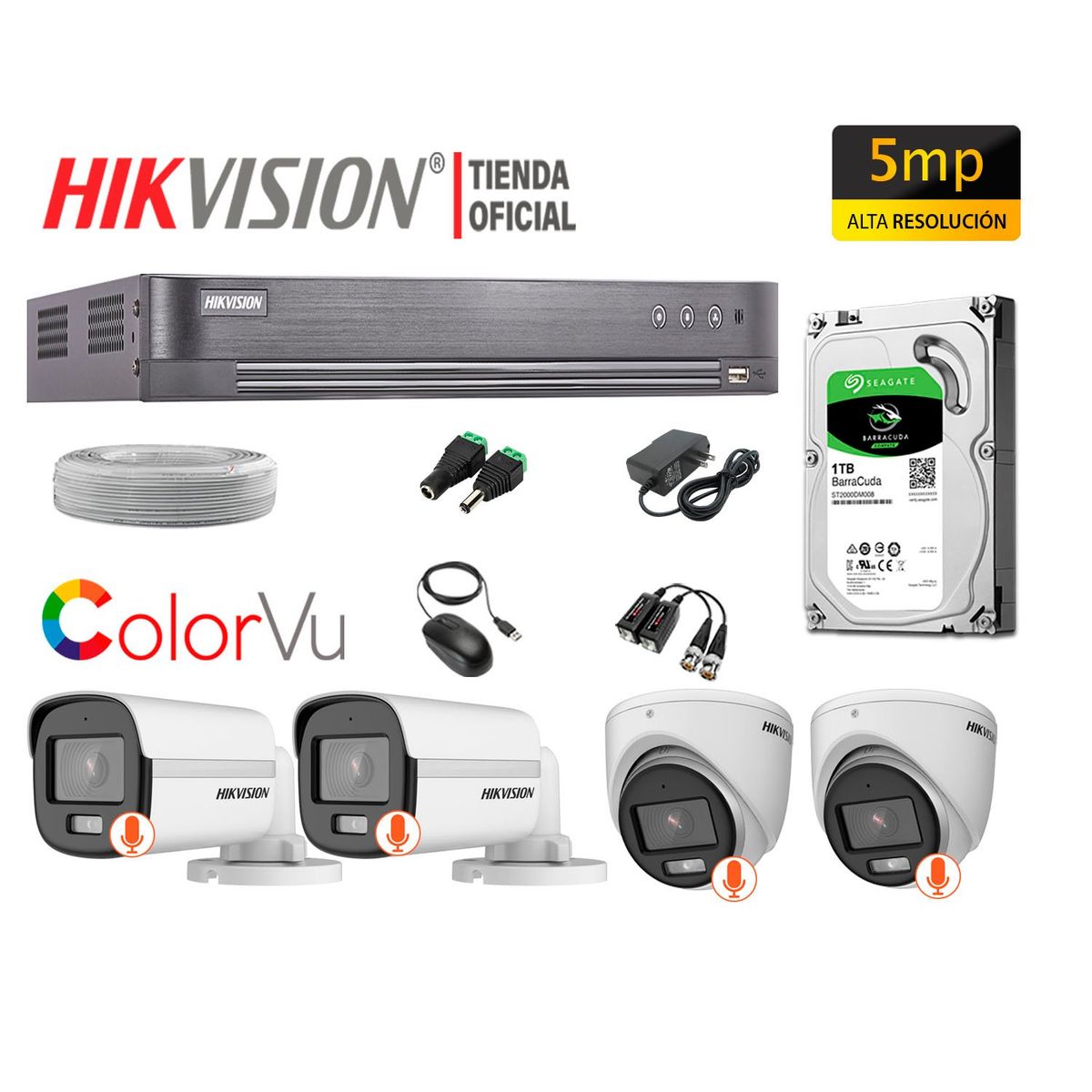 HIKVISION - KIT 4 CÁMARAS SEGURIDAD 5MP COLORVU NOCHE COLOR DISCO 1TB