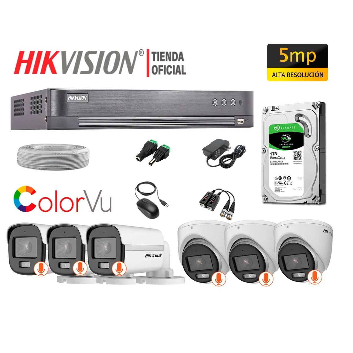 Hikvision - KIT 6 CÁMARAS SEGURIDAD 5MP COLORVU NOCHE COLOR DISCO 1TB