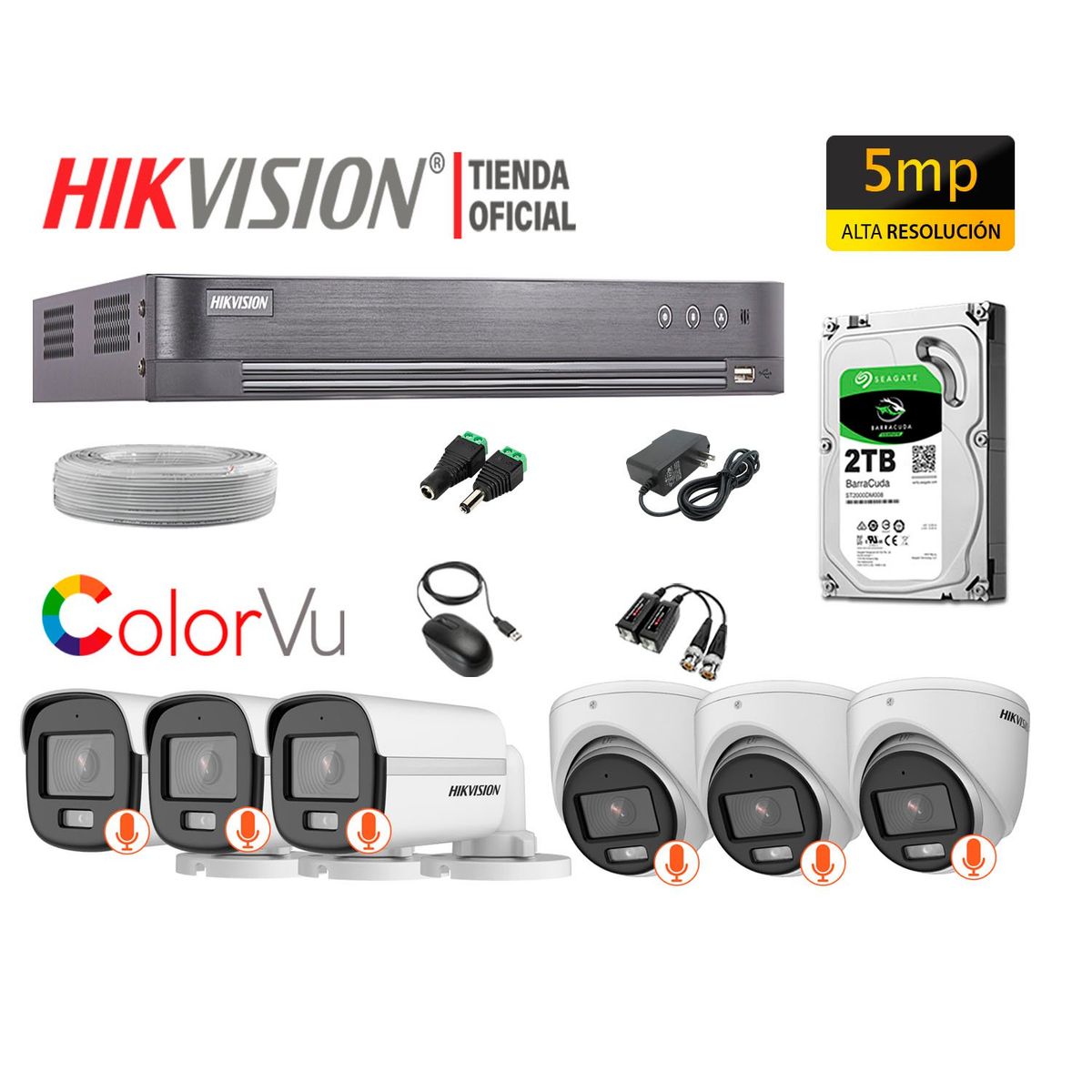 HIKVISION - KIT 6 CÁMARAS SEGURIDAD 5MP COLORVU NOCHE COLOR DISCO 2TB