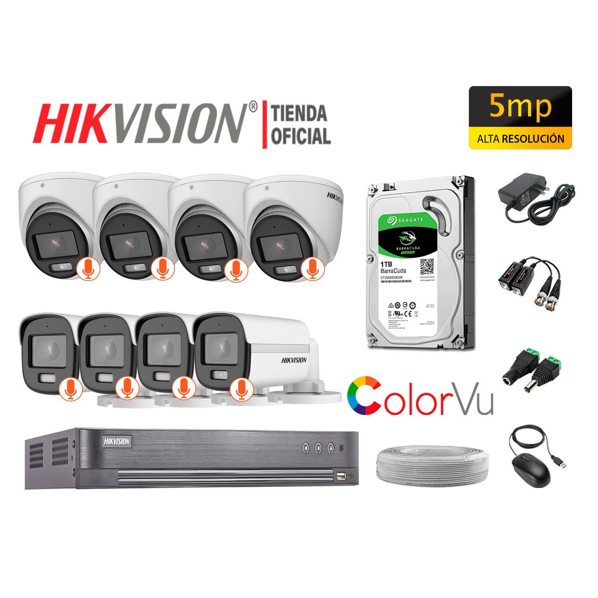 HIKVISION - KIT 8 CÁMARAS SEGURIDAD 5MP COLORVU NOCHE COLOR DISCO 1TB