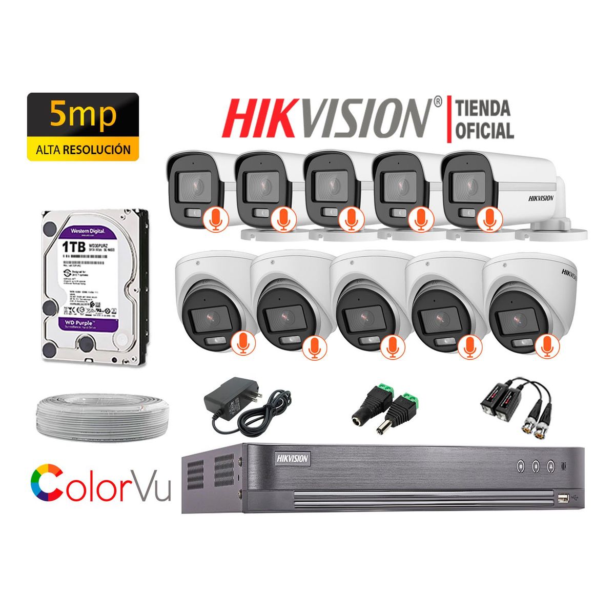 HIKVISION - KIT 10 CÁMARAS SEGURIDAD 5MP COLORVU NOCHE COLOR DISCO 1TB