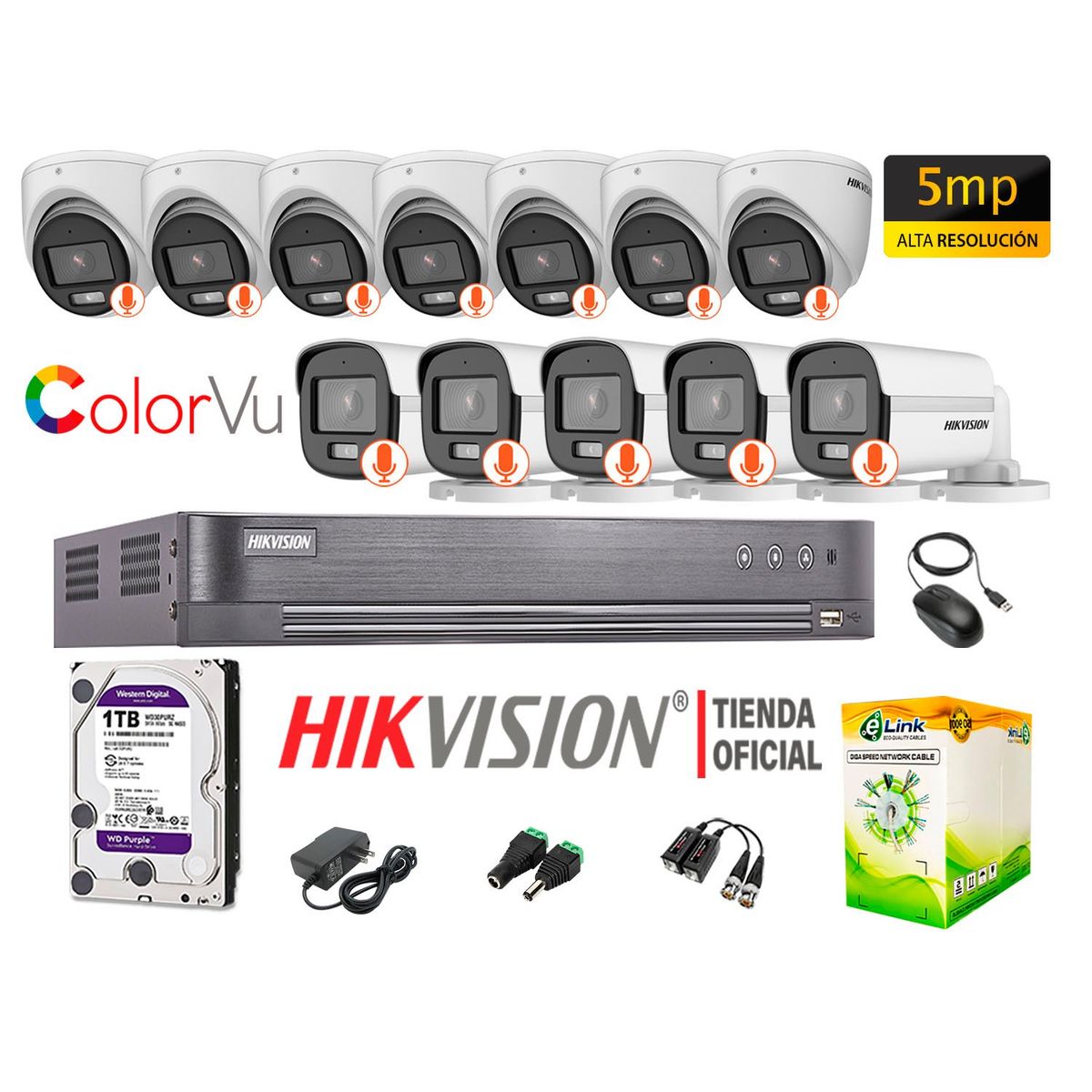 HIKVISION - KIT 12 CÁMARAS SEGURIDAD 5MP COLORVU NOCHE COLOR DISCO 1TB