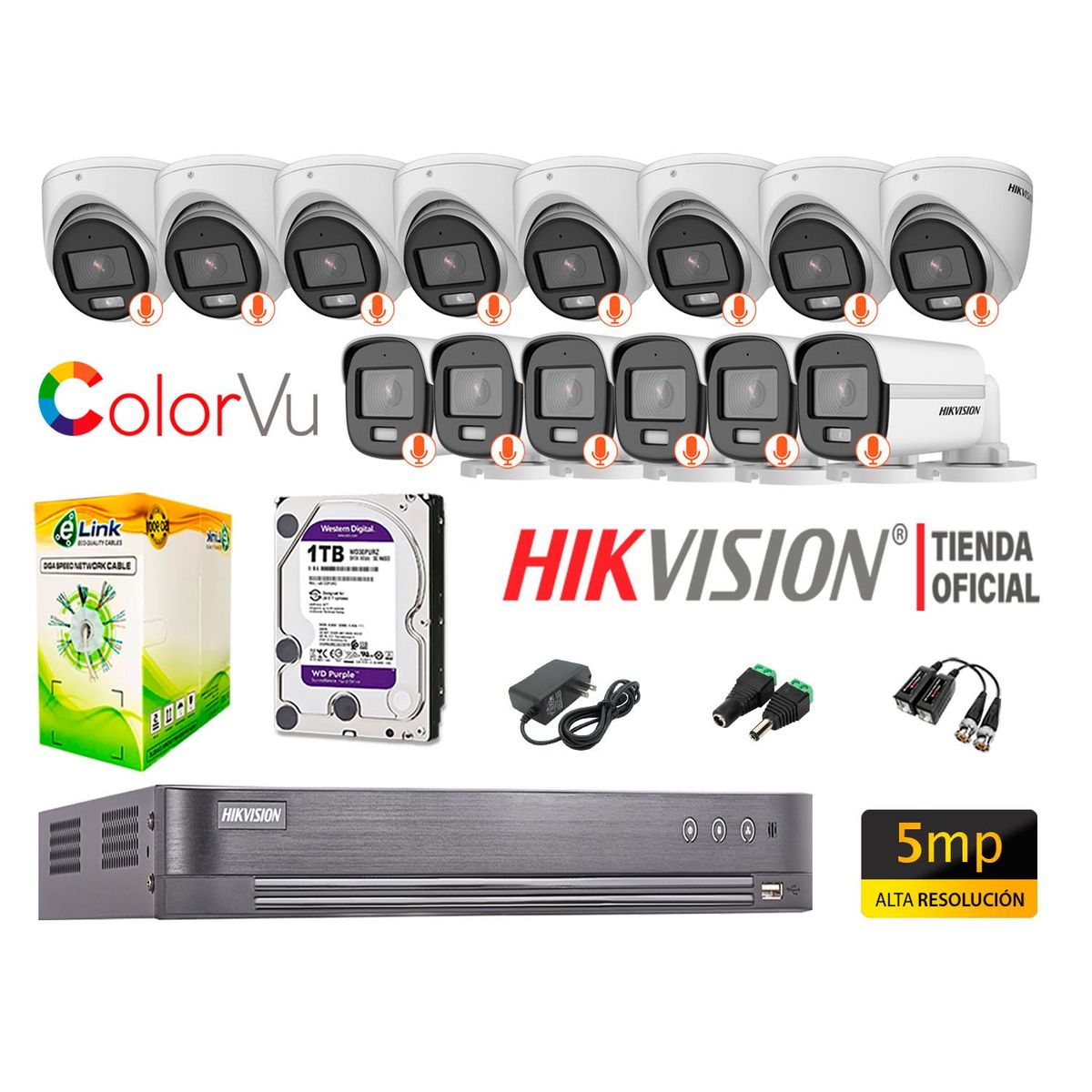 HIKVISION - KIT 14 CÁMARAS SEGURIDAD 5MP COLORVU NOCHE COLOR DISCO 1TB