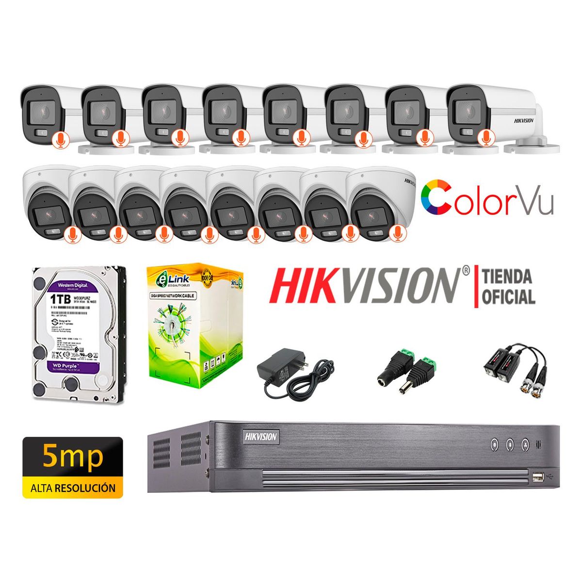 HIKVISION - KIT 16 CÁMARAS SEGURIDAD 5MP COLORVU NOCHE COLOR DISCO 1TB