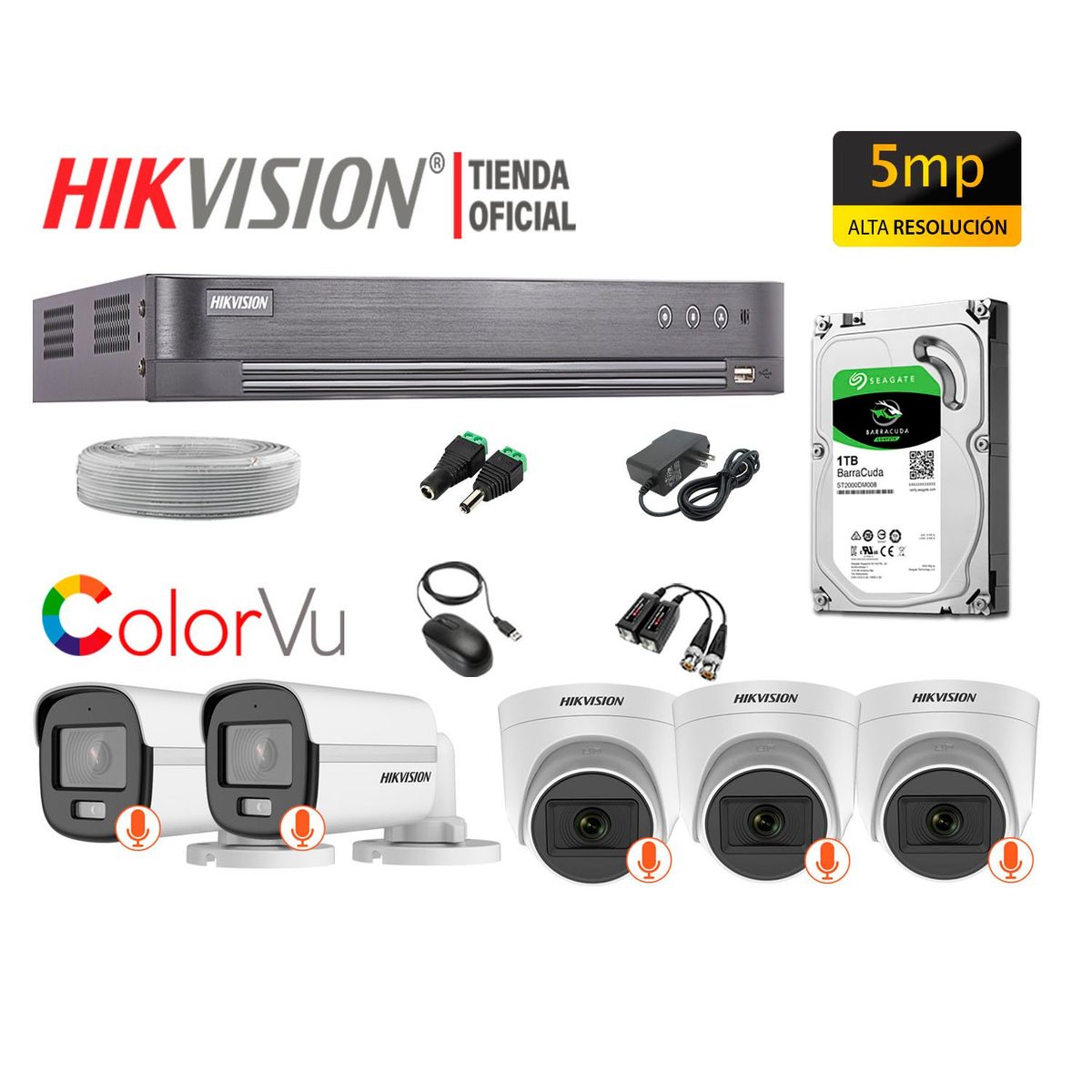 HIKVISION - CÁMARAS SEGURIDAD KIT 05 5MP COLORVU NOCHE COLOR DISCO 1TB