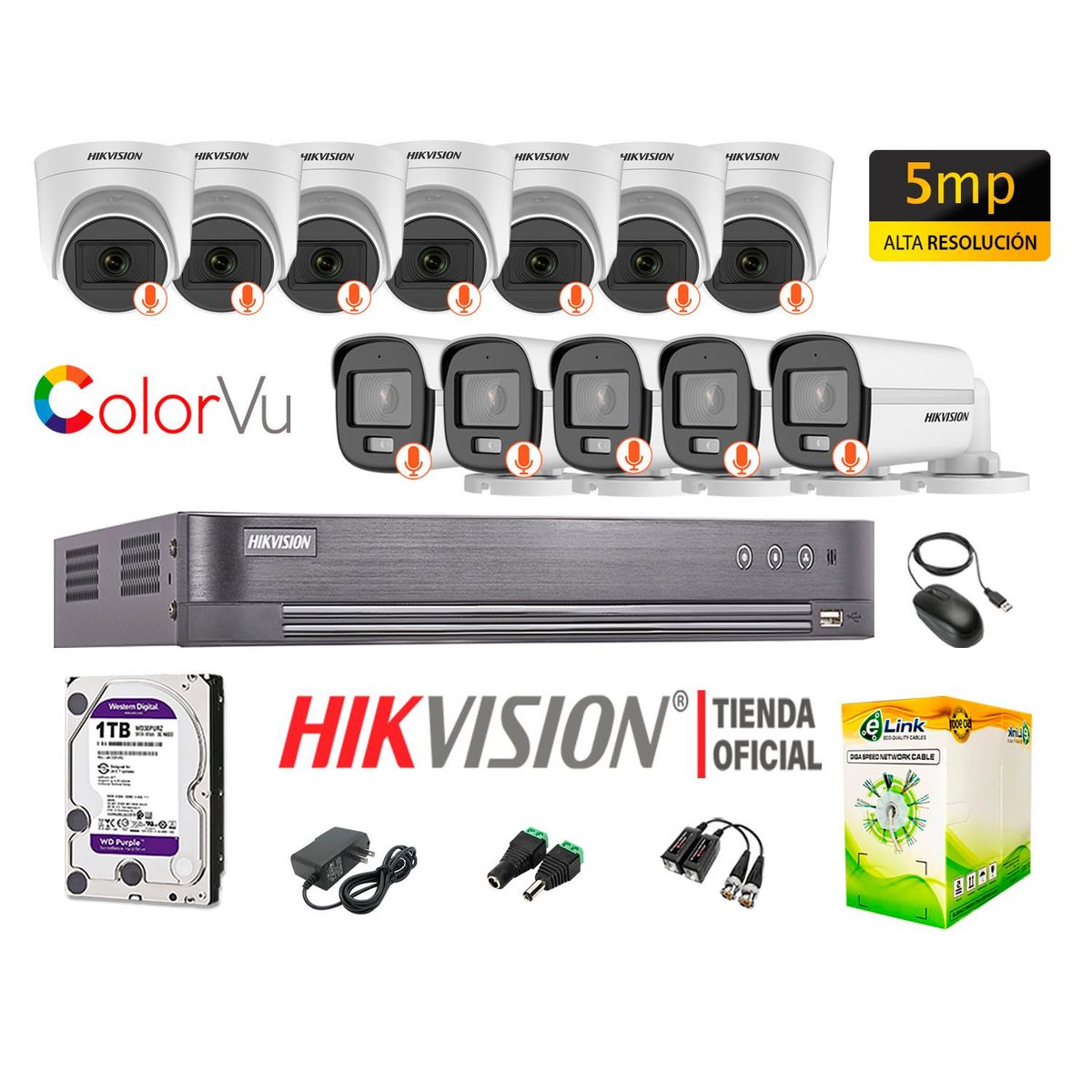 HIKVISION - CÁMARAS SEGURIDAD KIT 12 COLORVU NOCHE COLOR 5MP DISCO 1TB