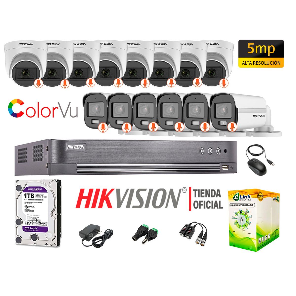 HIKVISION - CÁMARAS SEGURIDAD KIT 14 COLORVU NOCHE COLOR 5MP  DISCO 1TB