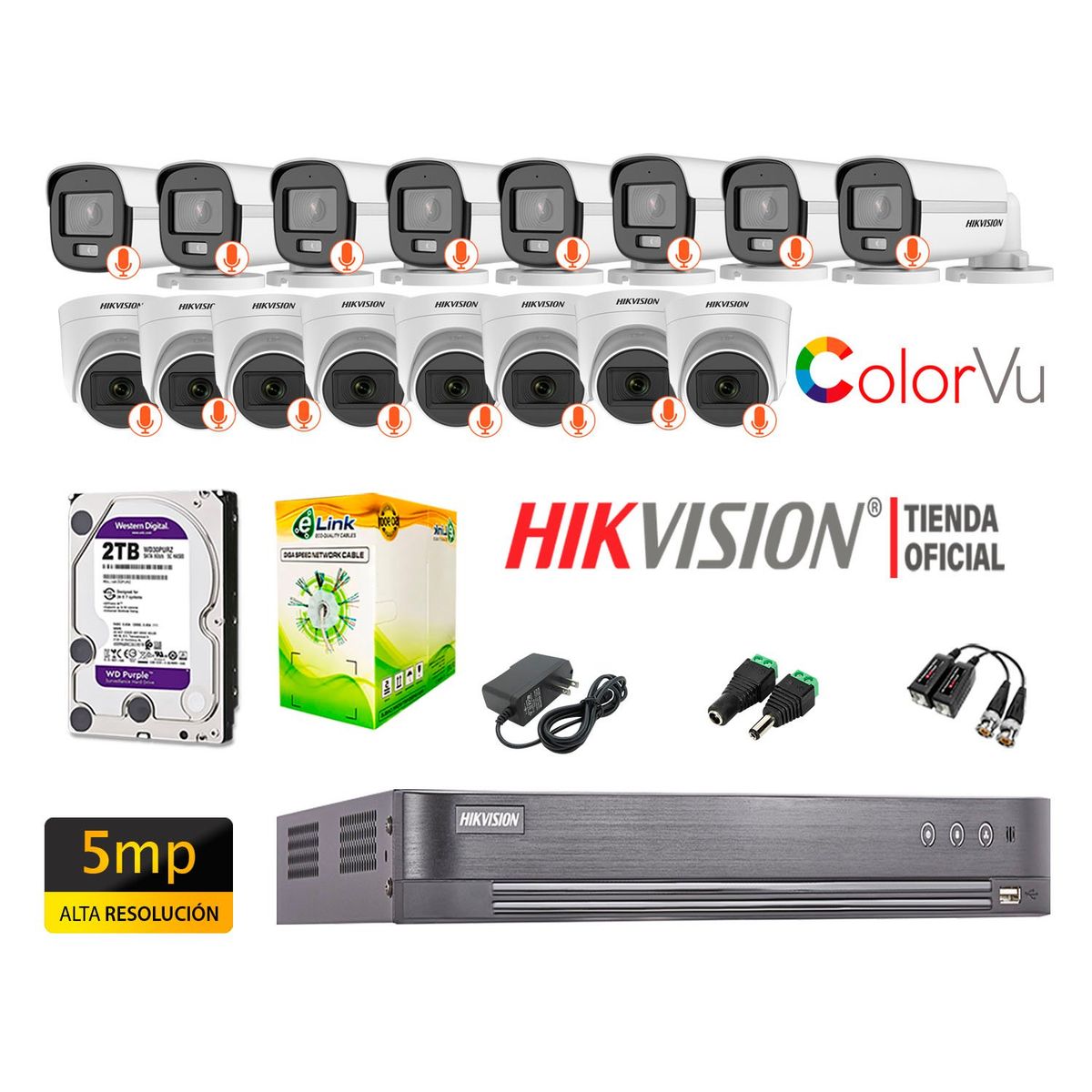HIKVISION - CÁMARAS SEGURIDAD KIT 16 5MP COLORVU NOCHE COLOR DISCO 2TB