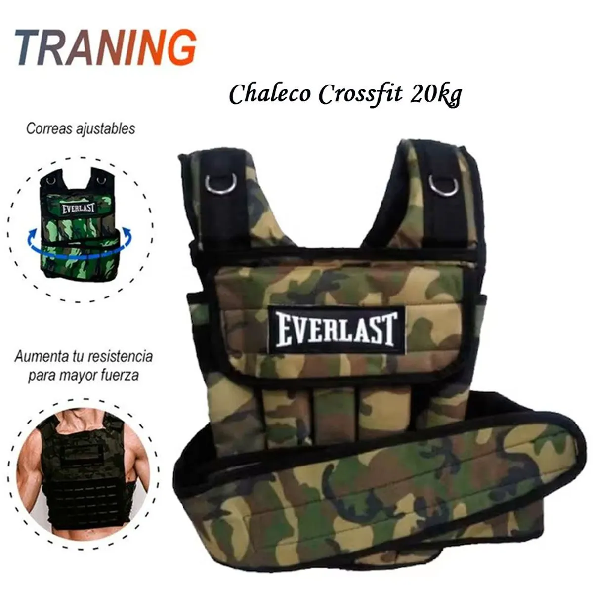 GENERICO - Chaleco Con Peso CROSSFIT Camuflado Militar 20 KG