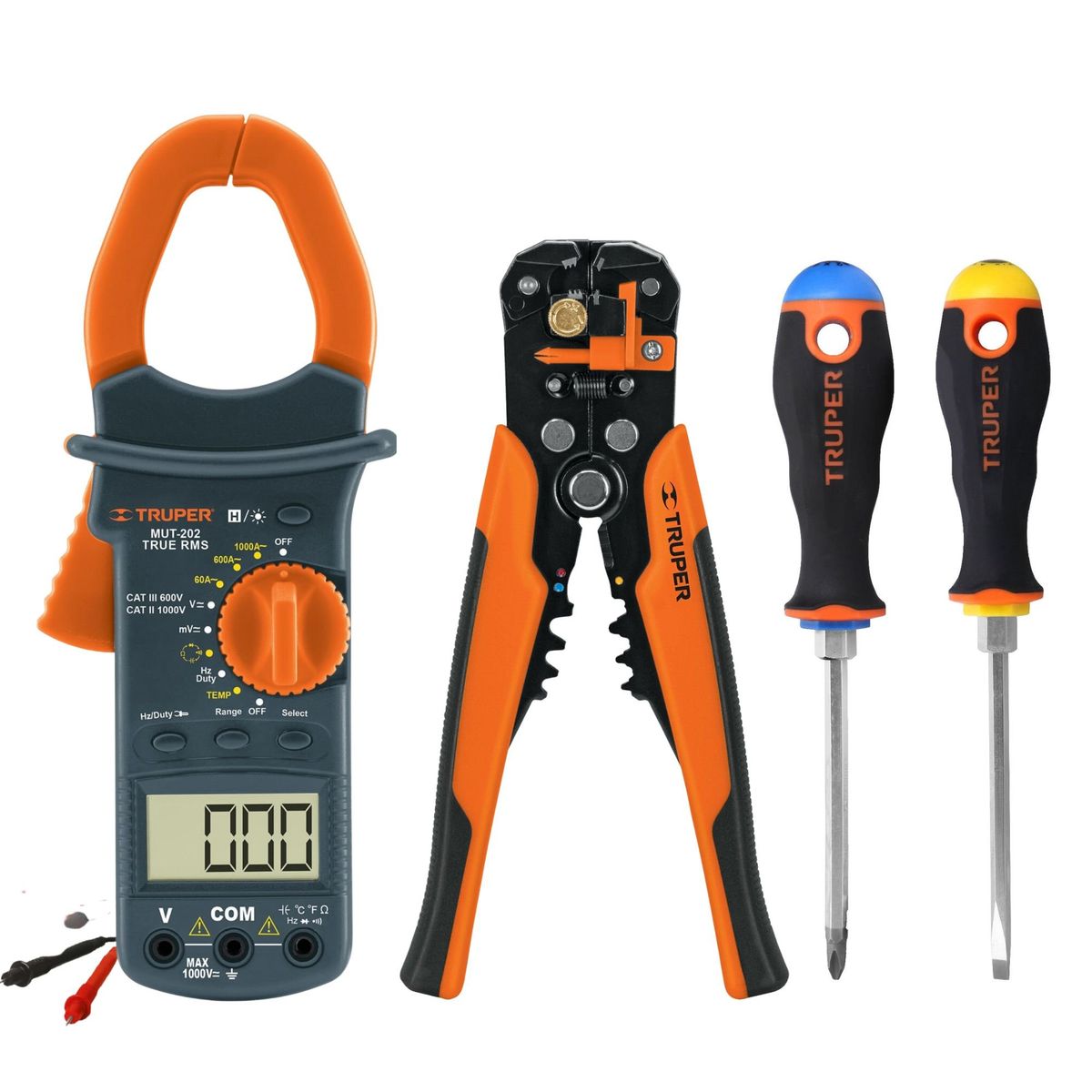 TRUPER - kit pinza amperimétrica alicate pelacables automático, 2 desarmadores