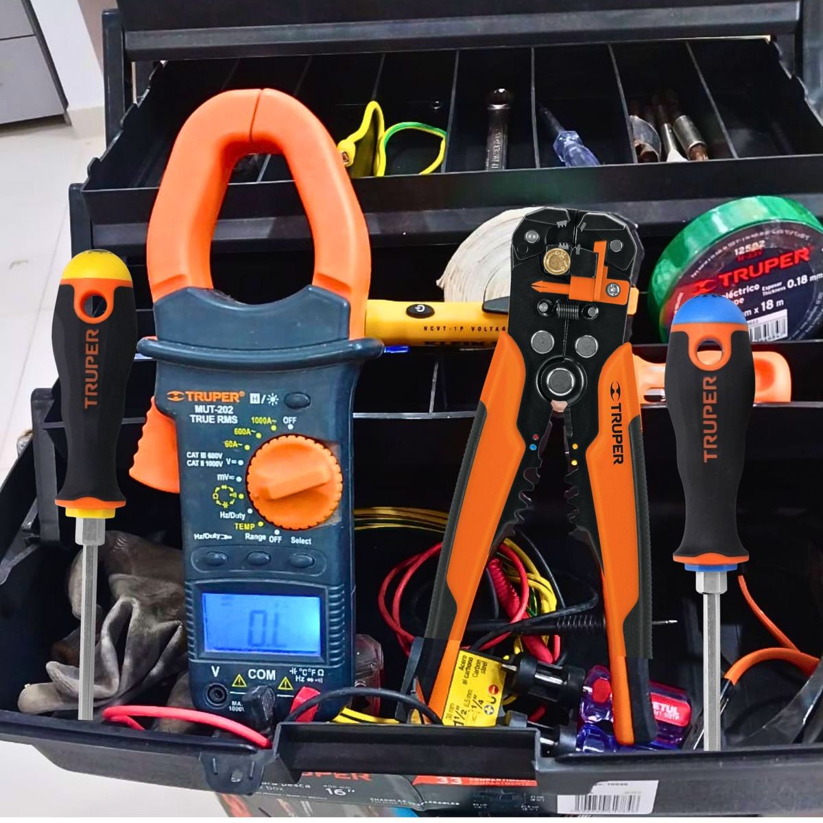 TRUPER - kit pinza amperimétrica alicate pelacables automático, 2 desarmadores