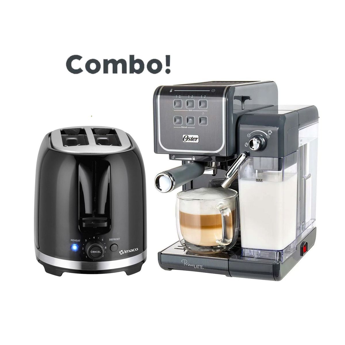 OSTER - Cafetera Oster PrimaLatte Touch BVSTEM6801M Tostadora Imaco IBT2085N