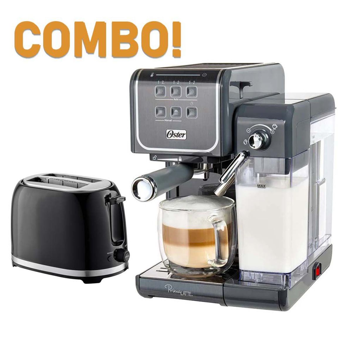 OSTER - Cafetera Oster PrimaLatte Touch BVSTEM6801M Tostadora Imaco IBT2085N