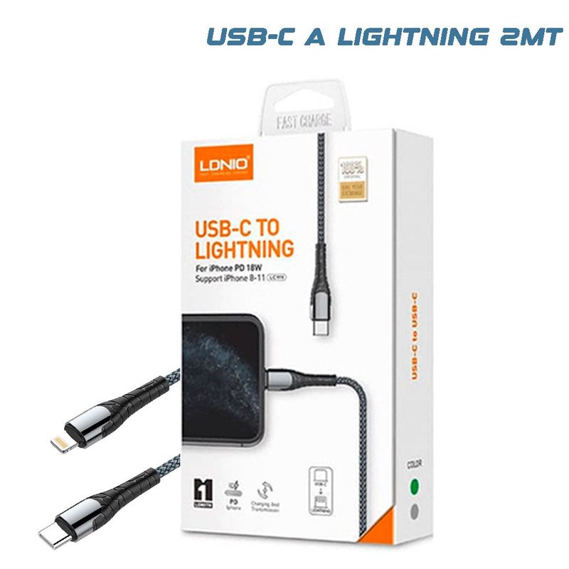 LDNIO - CABLE USB-C A LIGHTNING PARA IPHONE 12, 12 PRO, 12 PRO MAX DE 2MT