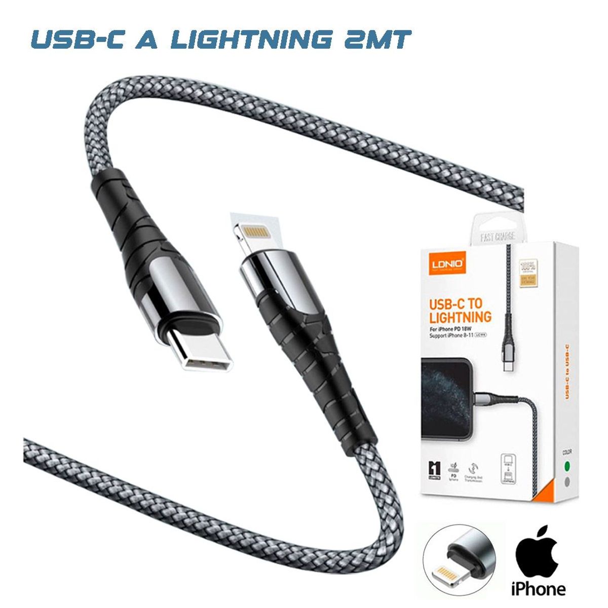 LDNIO - CABLE USB-C A LIGHTNING PARA IPHONE 13, 13 PRO, 13 PRO MAX DE 2MT