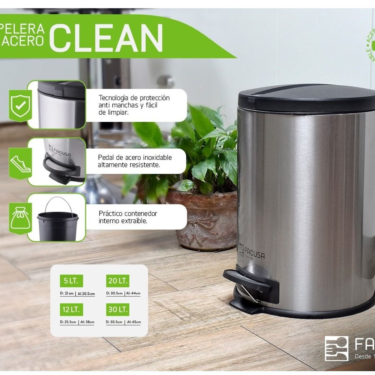 FACUSA - Papelera con pedal de acero inoxidable de 20LT Facusa