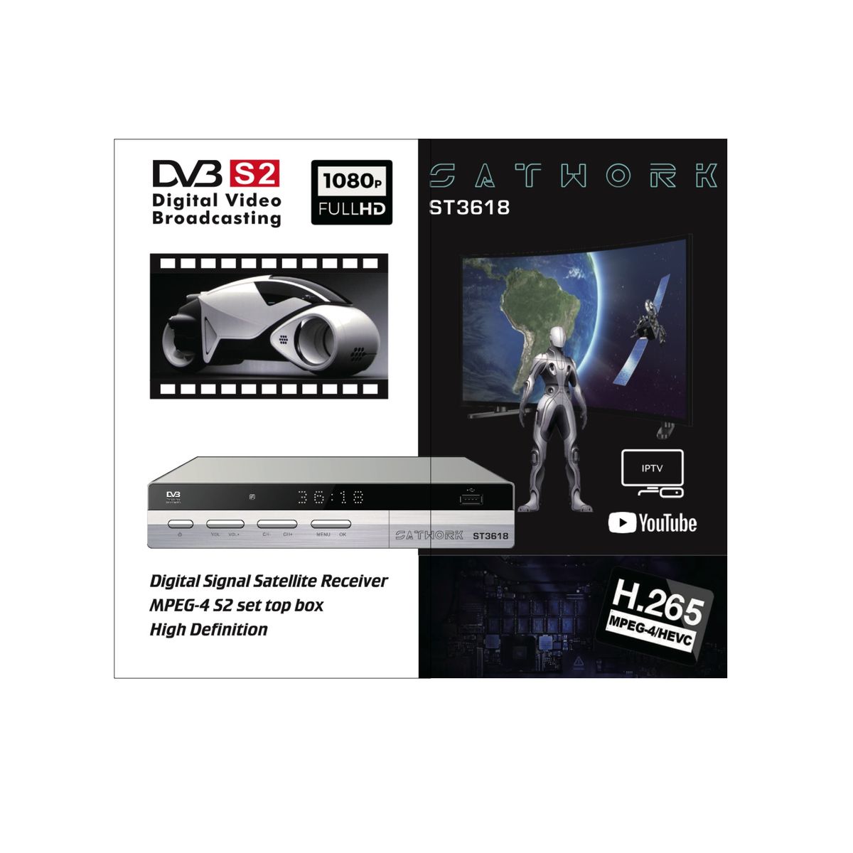 SAT PCS - RECEPTOR SATELITAL SATWORK ST3618 CANALES VIA SATELITE H265