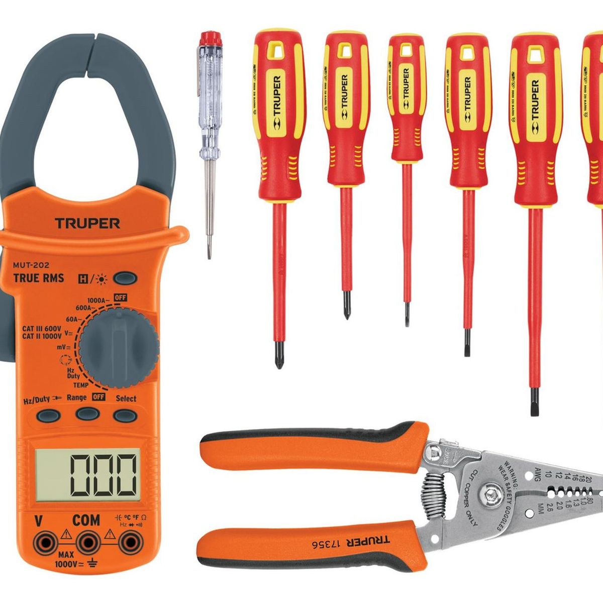 TRUPER - Kit pinza amperimétrica desarmadores 1000V y alicate pelacables truper