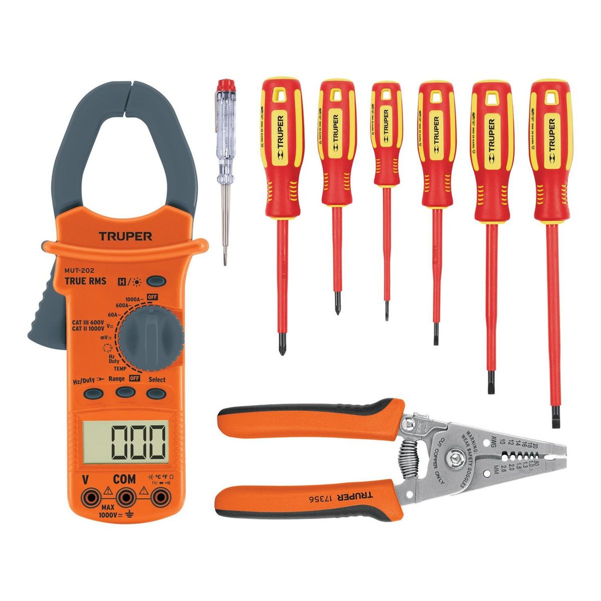 TRUPER - Kit pinza amperimétrica desarmadores 1000V y alicate pelacables truper
