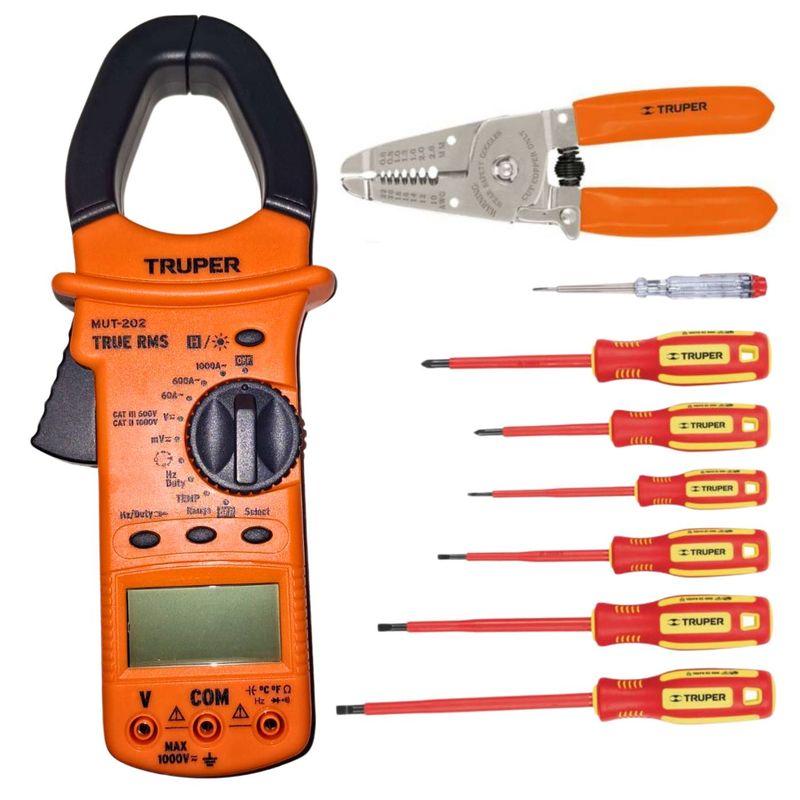 TRUPER - Kit pinza amperimétrica desarmadores 1000V y alicate pelacables truper