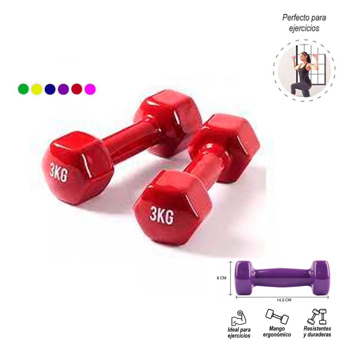 GENERICO - Par De Pesas 3 Kg Mancuernas Plastificadas Fitness Rosado