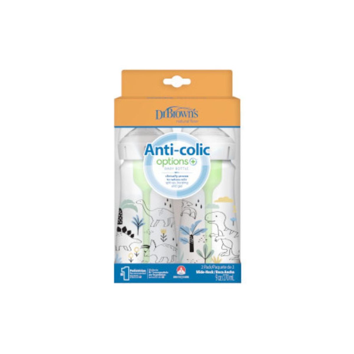 DR BROWNS - Set X2 Biberones Boca Ancha Polipropileno de 9 oz Dino