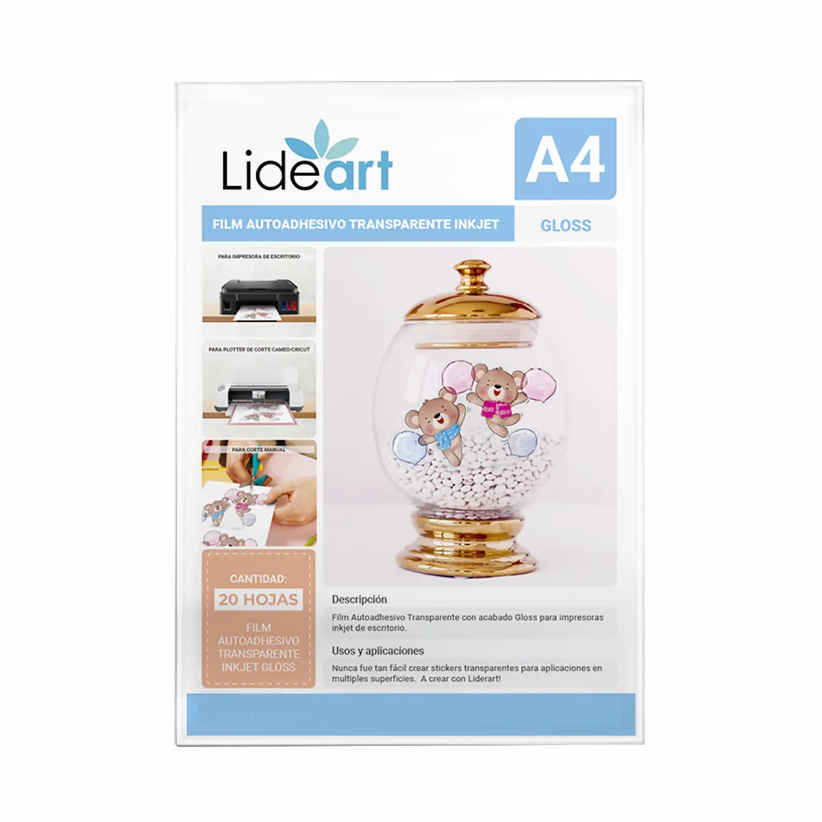LIDEART - Vinil Adhesivo Imprimible Transparente Opaco Inkjet A4-60und