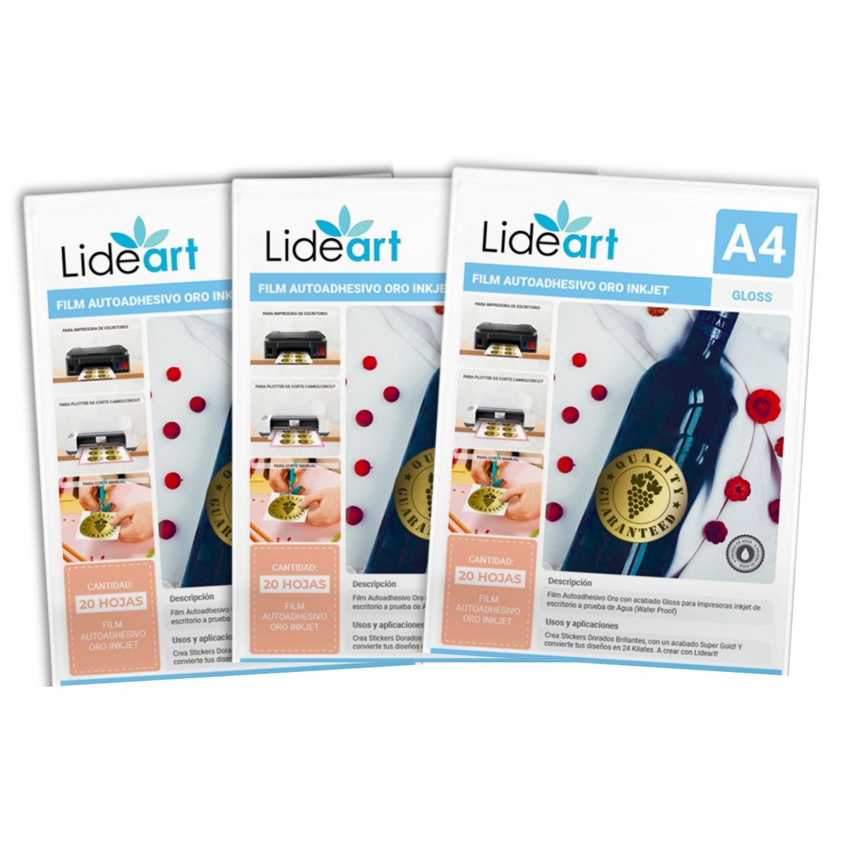 LIDEART - Vinil Autoadhesivo Imprimible Oro Gloss Inkjet A4 x 60und
