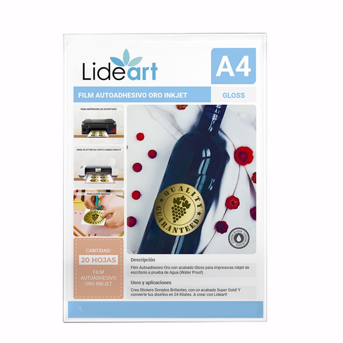 LIDEART - Vinil Autoadhesivo Imprimible Oro Gloss Inkjet A4 x 60und