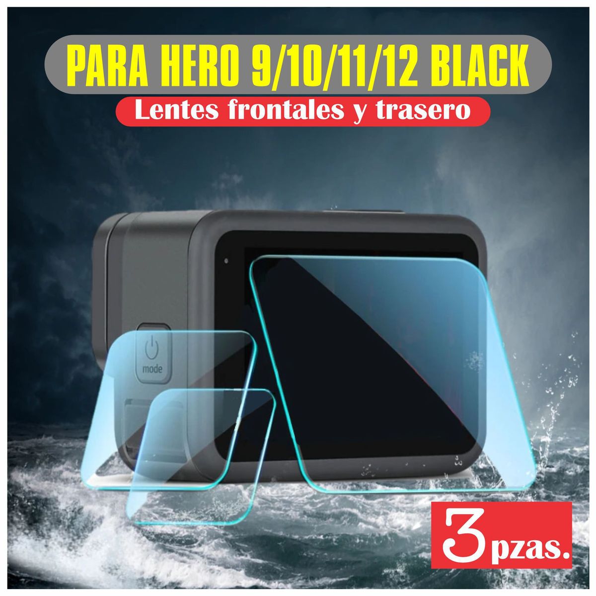 GENERICO - Juego 3 Vidrio Templado Protector De Lente Para Gopro 9/10/11/12 Black