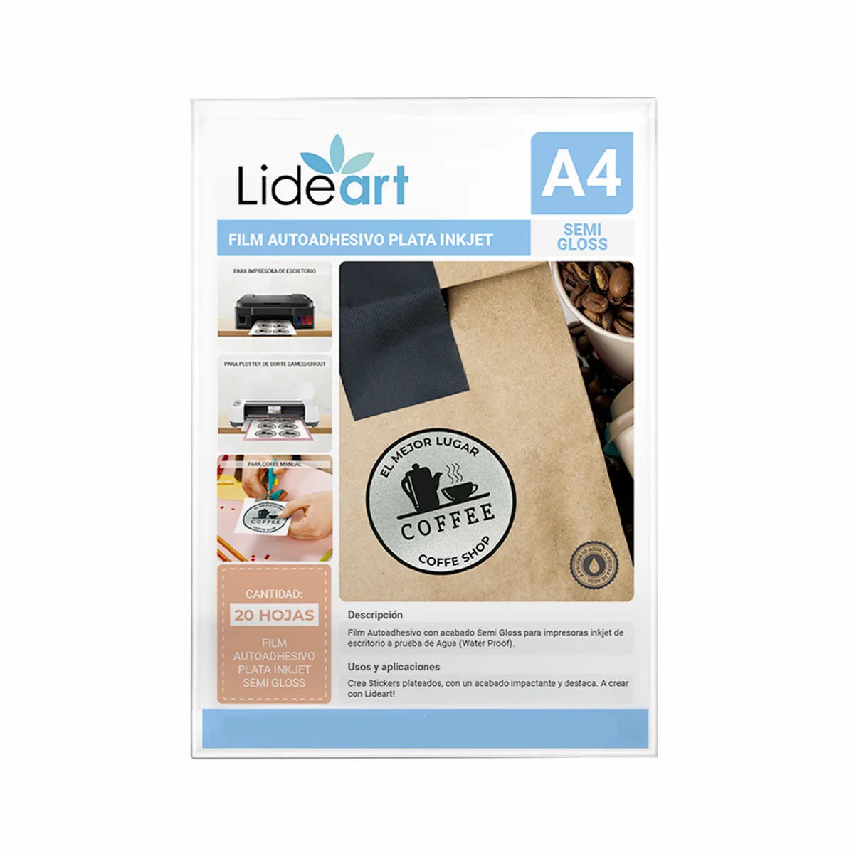 LIDEART - Vinil Autoadhesivo Imprimible Plata Gloss Inkjet A4 x 60und