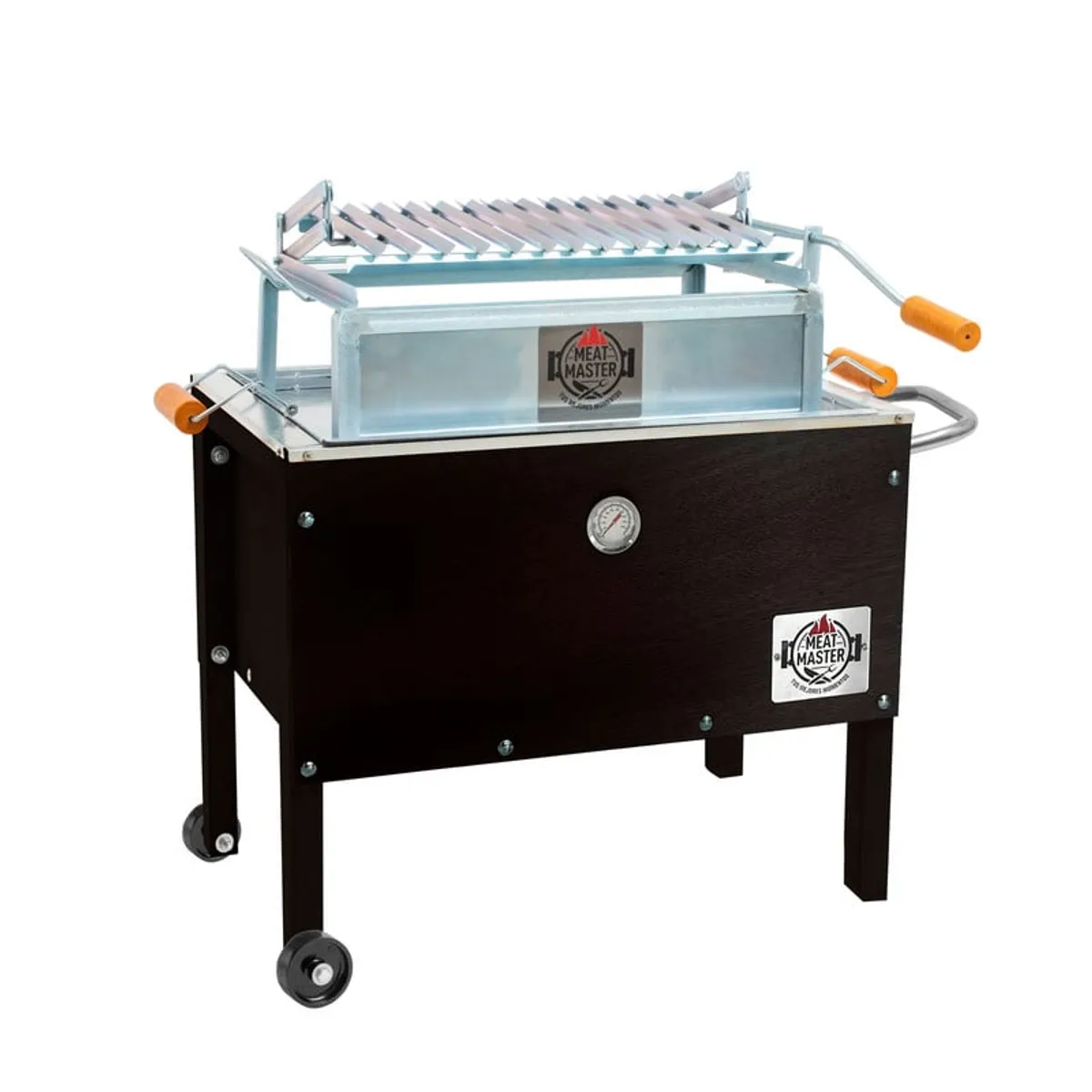 MEAT MASTER - Caja China Jr Black+ Parrilla Levadiza Galvanizada+ Termómetro + Funda