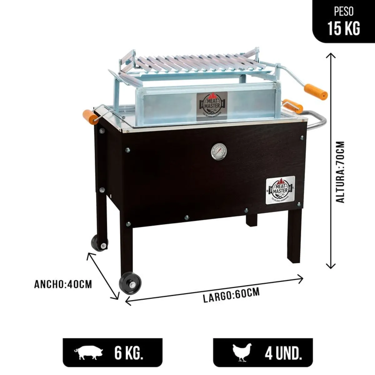 MEAT MASTER - Caja China Jr Black+ Parrilla Levadiza Galvanizada+ Termómetro + Funda